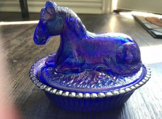 Summit Glass HORSE ON NEST Covered Dish Rubina McKee Mold iridescent blue glass 2