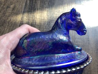 Summit Glass HORSE ON NEST Covered Dish Rubina McKee Mold iridescent blue glass 3