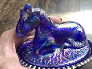 Summit Glass HORSE ON NEST Covered Dish Rubina McKee Mold iridescent blue glass 4