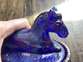 Summit Glass HORSE ON NEST Covered Dish Rubina McKee Mold iridescent blue glass 6
