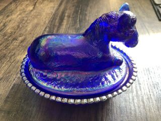 Summit Glass HORSE ON NEST Covered Dish Rubina McKee Mold iridescent blue glass 8