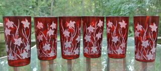 Set Of 6 Vintage Ruby Red Tumblers With White Lilies Anchor Hocking