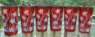 Set of 6 Vintage Ruby Red Tumblers with White Lilies Anchor Hocking 3