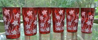 Set of 6 Vintage Ruby Red Tumblers with White Lilies Anchor Hocking 4