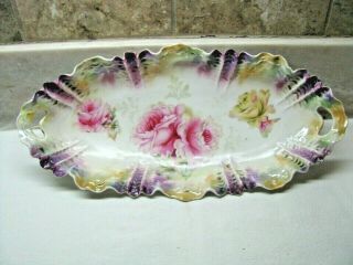 Antique R.  S.  Prussia Large Celery Dish - Pink Roses - Wavy Scalloped Border - Mold 259