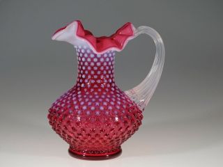 Vintage Fenton Glass Cranberry Opalescent Hobnail Pitcher Reeded Handle Label