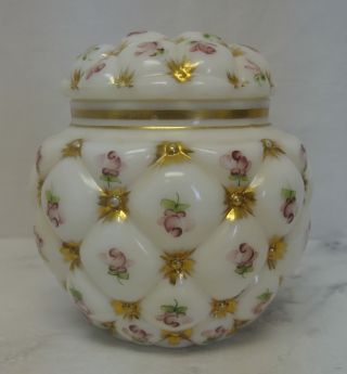 Vintage Consolidated Milk Glass Quilted Biscuit Jar Hand Painted Roses & Gold