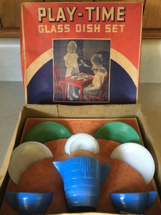 Nos - Vintage Jadeite Akro Agate Play Time Glass Dish Set Tea Set W/box 132