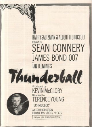 Sean Connery 1965 Ad - Thunderball James Bond 007 Ian Fleming/now In Production