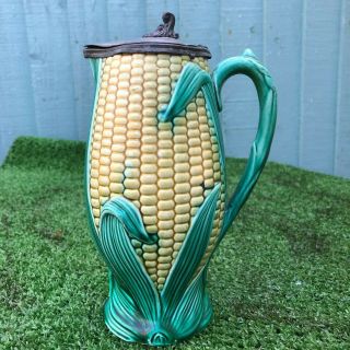 19thc Majolica Sweetcorn & Leaf Pitcher Or Jug With Pewter Lid C1880s