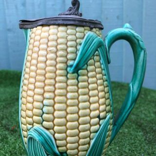 19thC MAJOLICA SWEETCORN & LEAF PITCHER or JUG WITH PEWTER LID c1880s 2
