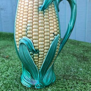 19thC MAJOLICA SWEETCORN & LEAF PITCHER or JUG WITH PEWTER LID c1880s 3