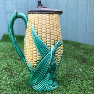 19thC MAJOLICA SWEETCORN & LEAF PITCHER or JUG WITH PEWTER LID c1880s 7