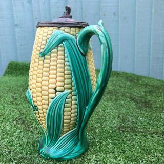 19thC MAJOLICA SWEETCORN & LEAF PITCHER or JUG WITH PEWTER LID c1880s 8