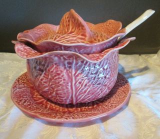 Vintage Pink Cabbage Leaf Soup Tureen 10.  25 " X 5 " Under Plate 10 " Ladle 11 "