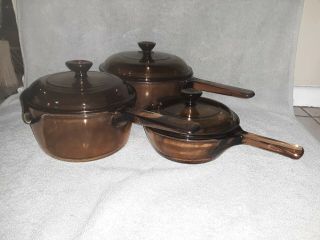 Set Of 3 Corning Vision Ware Pans With Lids France