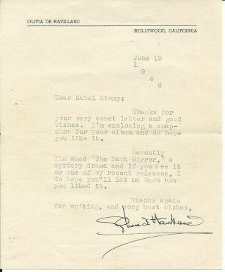 Olivia De Havilland & Vintage 1946 Signed Letter Personal Stationery
