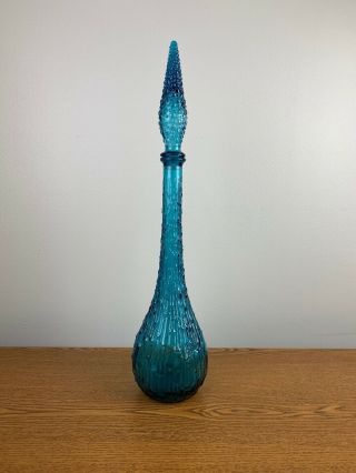 Vintage Mcm Empoli Italy Blue Glass Genie Bottle Bubble/melt Glass Decanter 22”
