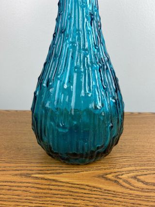 Vintage MCM Empoli Italy Blue Glass Genie Bottle Bubble/Melt glass Decanter 22” 2