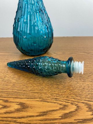 Vintage MCM Empoli Italy Blue Glass Genie Bottle Bubble/Melt glass Decanter 22” 3