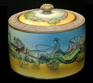 Antique Nippon Japan Hand Painted Horses Porcelain Tobacco Cigar Humidor Jar