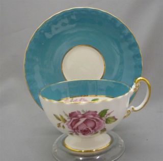 Aynsley England Bone China Hand Painted Pink Rose Blue Footed Tea Cup & Saucer