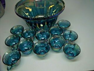 Indiana Iridescent Blue Carnival Glass Grape & Leaf Punch Bowl Set,  12 Cups