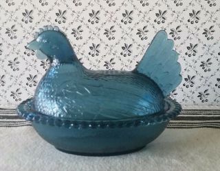 Vintage Indiana Glass Hen On Nest 7 " Federal Blue Covered Candy Dish