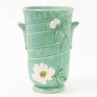 Vintage Weller Green Ceramic Dogwood Daisy Double Handle Pottery Vase 8 " Tall