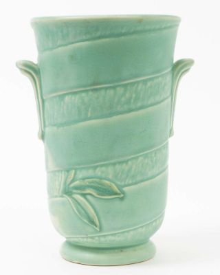 Vintage Weller Green Ceramic Dogwood Daisy Double Handle Pottery Vase 8 