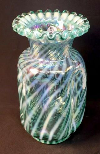 Fenton Green Carnival Cased In French Opalescent Spiral Optic Pinch Vase Qvc