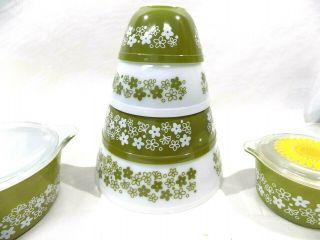 Vintage Pyrex Spring Blossom Green & White 6pc Set 2 Lids Mixing Bowls/casserole