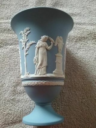 Large Wedgwood White On Sage Blue Jasper Ware 7 1/2 " Pedestal Vase