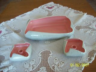 Red Wing Vtg Mid Century Modern Console Centerpiece & Candle Holders Gray & Pink