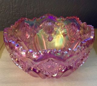 Stunning Vintage Le Smith Pink Carnival Glass Bowl Buzz Saw Pattern