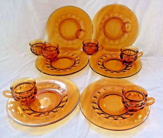 Vintage Amber Indiana Glass Kings Crown Thumbprint Lunch Plate & Cup Set Of 6