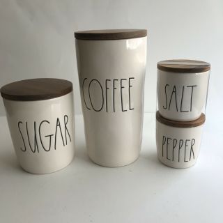 Rae Dunn By Magenta Sugar,  Coffee,  Canisters With Salt& Pepper Cellars Wood Top