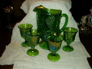 Gorgeous 5 Pc Set Carnival Set,  Pitcher & 4 Stemmed Drinking Glasses Green/blue