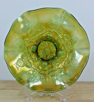 Vintage Millersburg Blackberry Wreath Radium Green Carnival Glass Scalloped Bowl