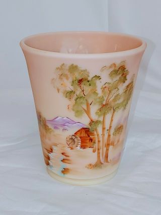 Fenton Burmese Art Glass Vase.  Rare Signed Fenton Hand Painted M.  Kibbe