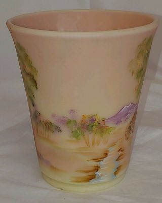 Fenton Burmese Art Glass Vase.  Rare Signed Fenton Hand Painted M.  Kibbe 3