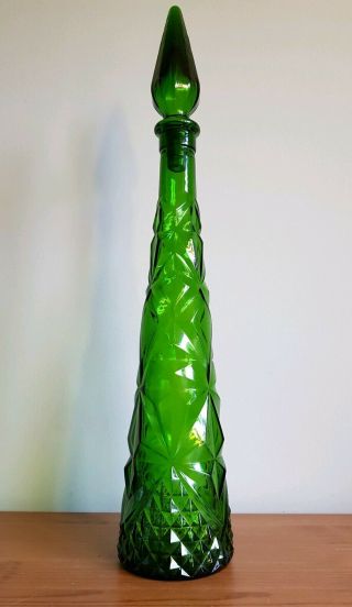 Vintage Green Patterned Glass Genie Bottle Decanter Mid Century