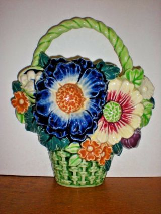 Wall Pocket Flower Basket Raised Bouquet Full Weave Colorful Pottery Vtg Rare