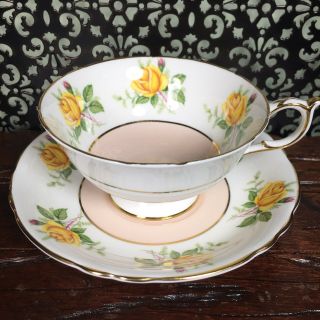 Lovely Peach Pink With Yellow Roses Paragon Tea Cup And Saucer Set Teacup