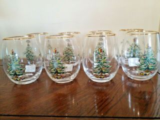 8 Spode Christmas Tree Stemless Wine Glasses Beverages Drink 4.  5 "