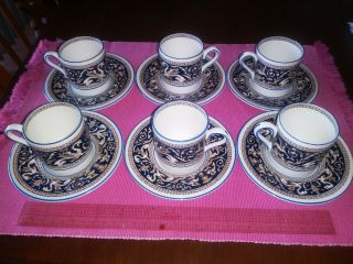 Wedgwood Bone China,  England,  Florentine Dark Blue Rim,  W1956,  6 Pc Tea Set