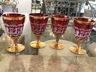 4 Murano Venetian Italian Wine Goblets Ruby Red Glass W/ Gold & White Figures