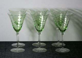 Set Of 6 Vintage Spiral Green Uranium Depression Glass Wine Water Goblets 8 "