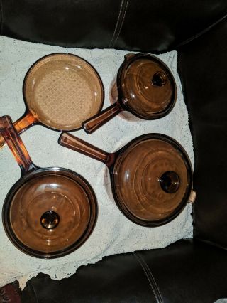 Amber Visions Corning Glass Pyrex Cookware Saucepan Pans 7 Piece Set Nib Lids