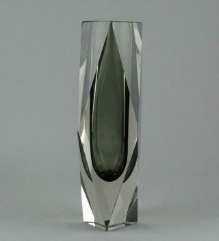 Vintage Retro Murano Sommerso Smoke Faceted Art Glass Block Vase 8 "
